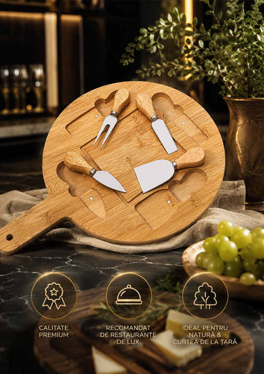 Platou Din Bambus pentru Aperitiv şi Brânzeturi + Toate Ustensile Gratis